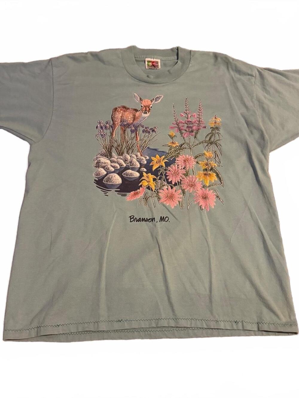 Vintage Single Stitch Medium Branson Missouri Deer Floral Graphic T-Shirt Green